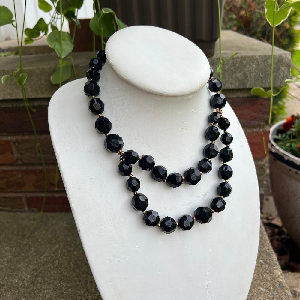 Vintage black faceted resin crystal beaded double strand necklace